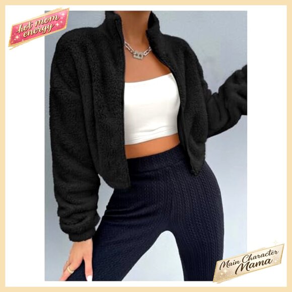 Faux Fur Cropped Jacket with Full Zip, Drop Shoulder, Long Sleeve - Picture 5 of 5